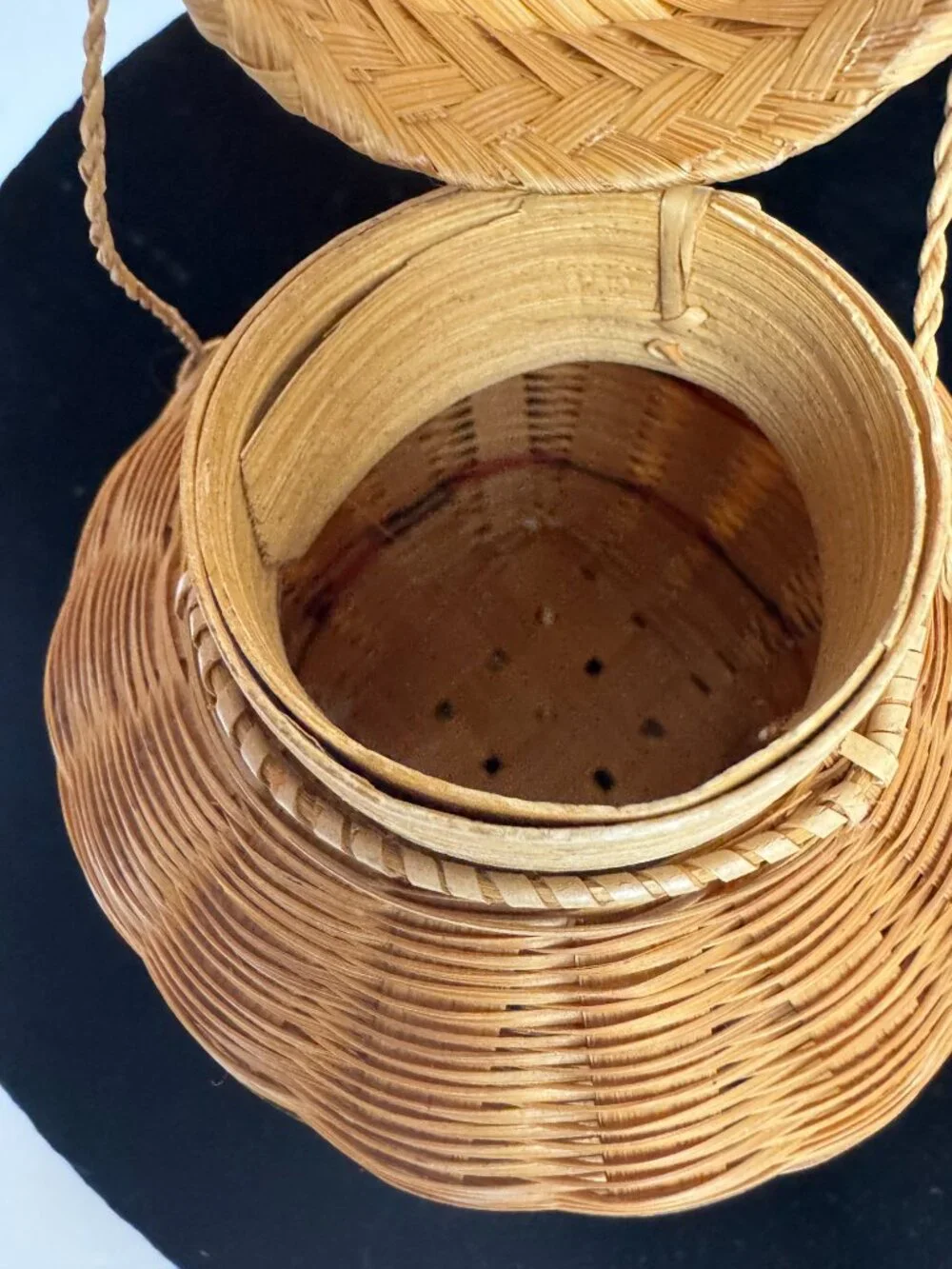 NEW Vtg Handwoven Bamboo Basket Jar with Lid & Handle 5” Asian Wicker Decorative